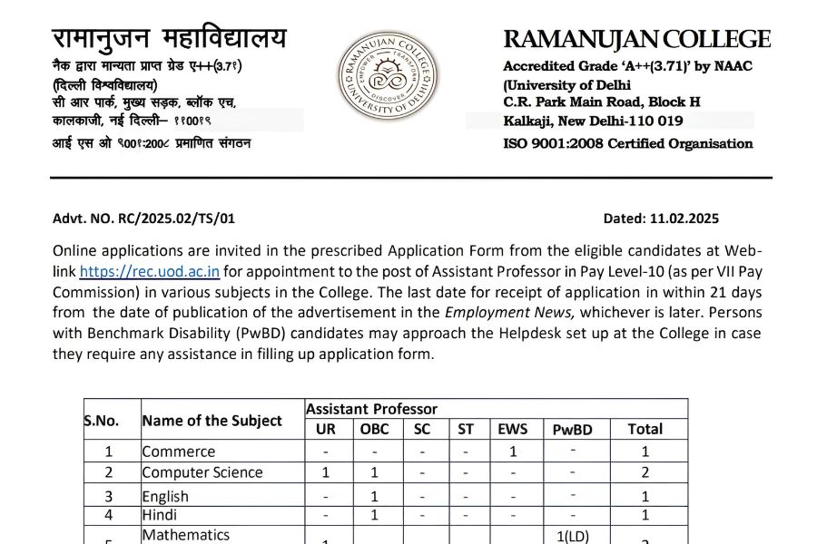 RAMANUJAN COLLEGE DU ASSISTANT PROFESSOR RECRUITMENT 2025 1